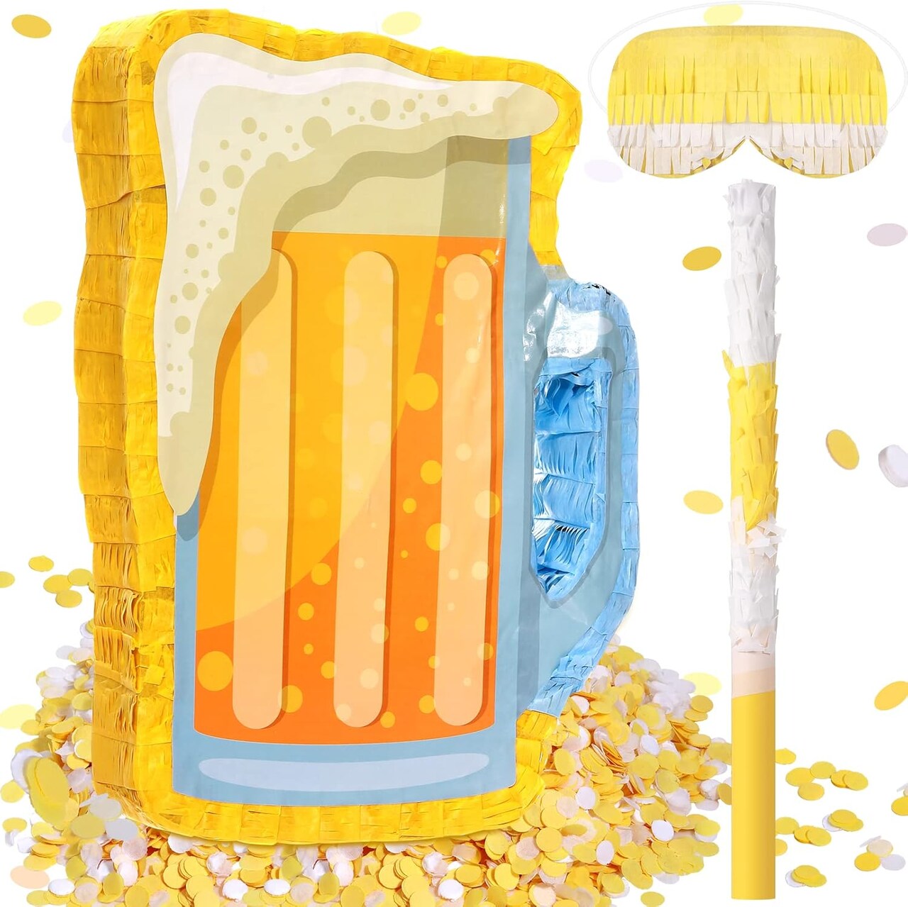 Beer Piñata with Stick and Blindfold Confetti Cheers to Beers Glass Mug Hanging Decoration Mexican Piñatas for Adult Birthday Bachelor Party Game Supplies (Lovely)